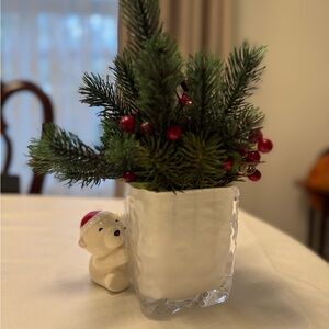 Festive Christmas Holiday Décor Ceramic Polar Bear Vase with Faux Pine& Berries